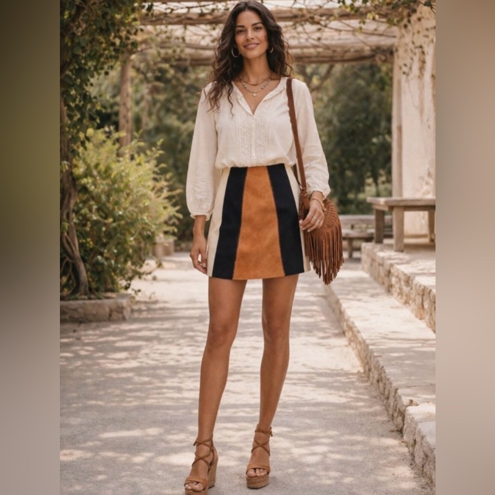 Zara Colorblock Suede Mini Skirt in Black, Tan & Cream (Small)